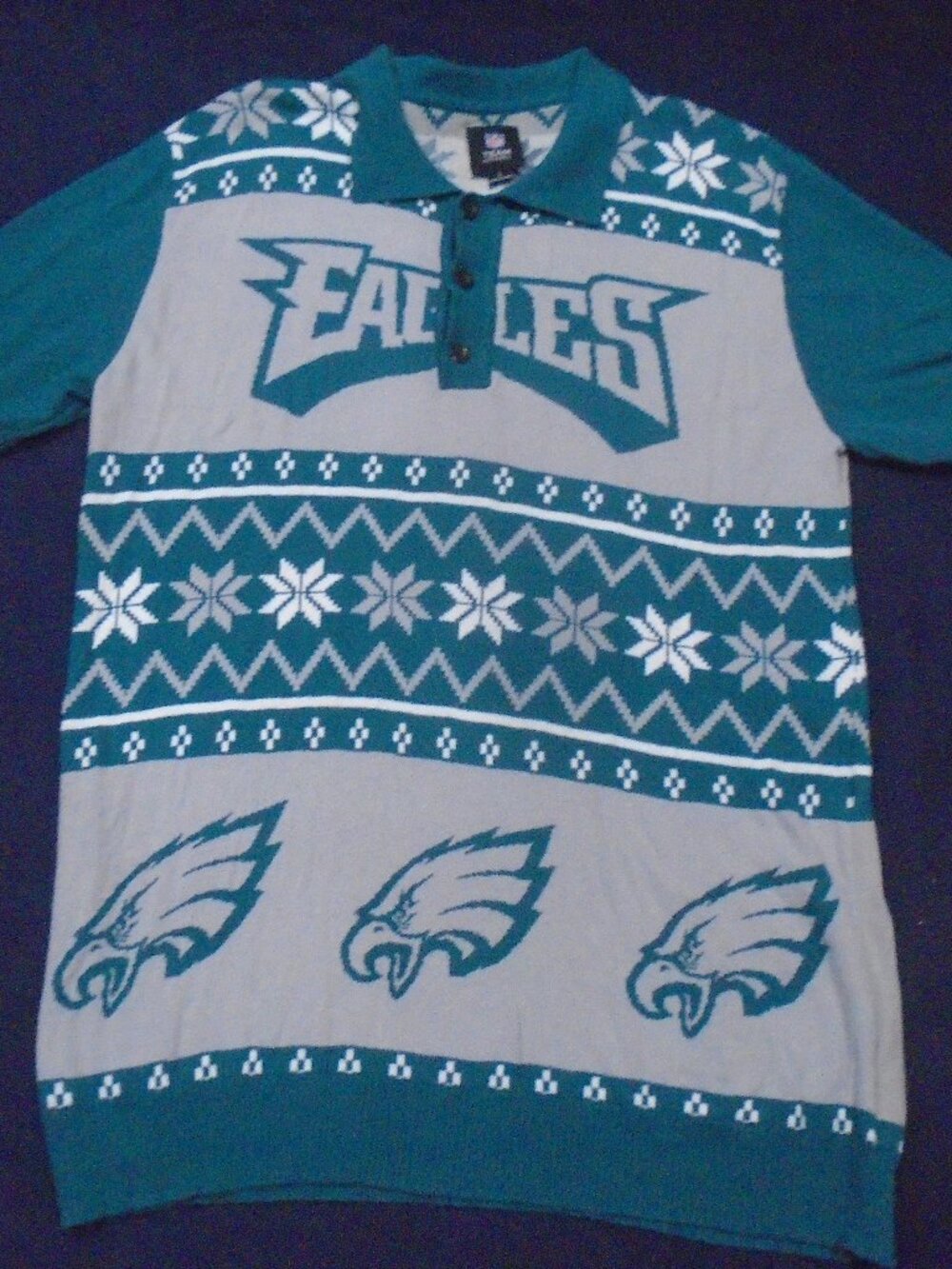 Philadelphia Eagles NFL Team Apparel Ugly Sweater Knit Polo Shirt Size Large